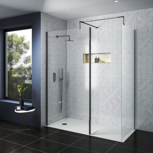  Nuie Wet Room Screen 1850mm High Wide with Support Bar 8mm Glass - Brushed Pewter