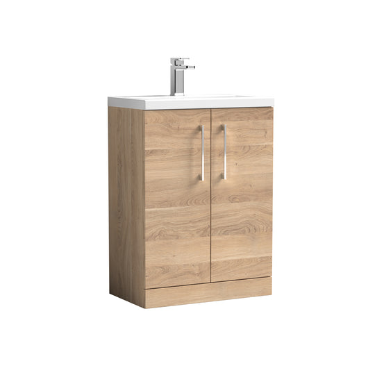  Nuie Arno Compact 600mm Floor Standing 2-Door Vanity & Polymarble Basin - Bleached Oak