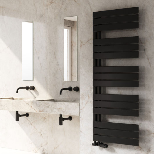  Reina Pettino Vertical Flat Panel Heated Towel Rail - 1424 x 550mm - Black - welovecouk
