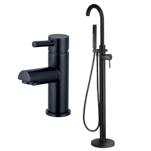  Aquadart Albury & Trisen Lewes Black Freestanding Bath Shower Mixer & Mini Mono Basin Mixer Set