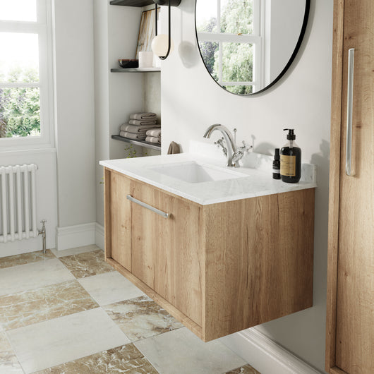  BC Designs Roseburn Wall Hung Vanity Unit & White Marble Top 600mm - Autumn Oak