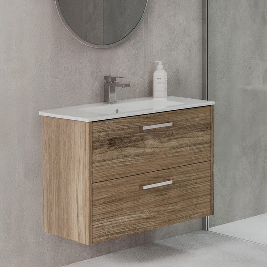  LECICO Zara 80cm 2-Drawer Wall Hung Vanity Unit - Oak