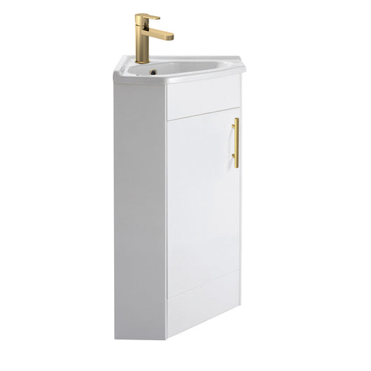  Nuie Mayford Corner Cabinet & Basin - Gloss White with Brushed Brass Handles