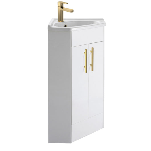  Nuie Mayford 2 Door Corner Cabinet & Basin - Gloss White with Brushed Brass Handles