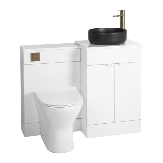  Nuie Eden 1000mm Countertop Vanity with Black Basin & WC Set - White with Brushed Brass Handles - welovecouk
