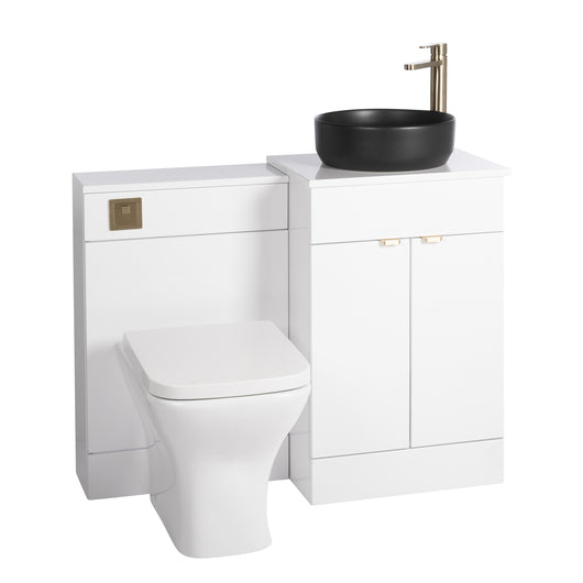  Nuie Eden 1000mm Countertop Vanity with Black Basin & WC Set - White with Brushed Brass Handles - welovecouk