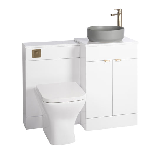  Nuie Eden 1000mm Countertop Vanity with Grey Basin & WC Set - White with Brushed Brass Handles - welovecouk