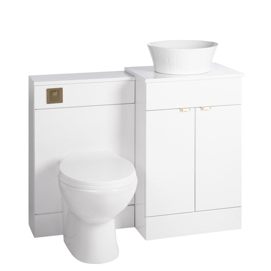  Nuie Eden 1000mm Countertop Vanity with White Basin & WC Set - White with Brushed Brass Handles - welovecouk