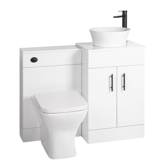  Nuie Eden 1000mm Countertop Vanity with White Basin & WC Set - White with Black Handles - welovecouk