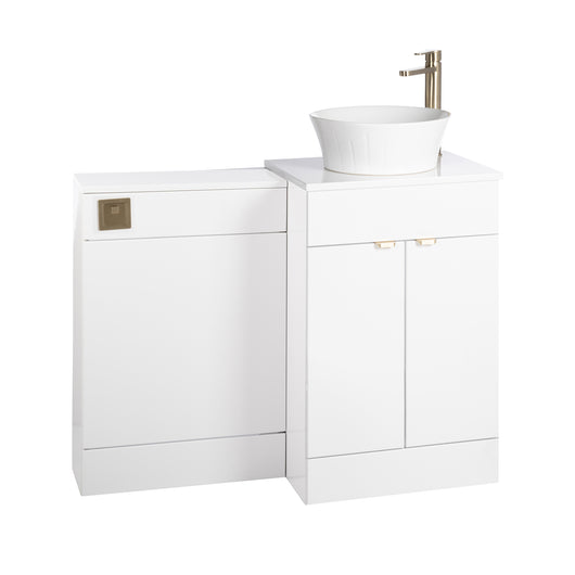  Nuie Eden 1000mm Countertop Vanity with White Basin & WC Set - White with Brushed Brass Handles