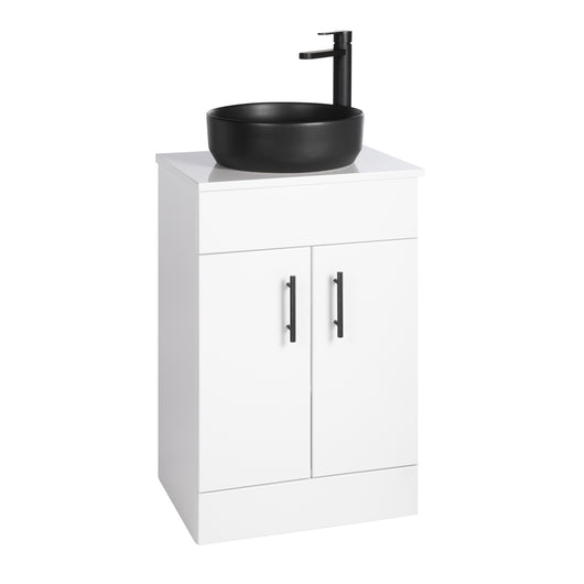  Nuie Eden 500mm Floor Standing 2-Door Countertop Vanity Unit with Matt Black Basin- Gloss White with Matt Black Handles - welovecouk