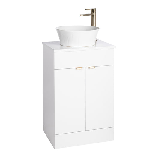  Nuie Eden 500mm Floor Standing 2-Door Countertop Vanity Unit with Basin- Gloss White with Brushed Brass Handles