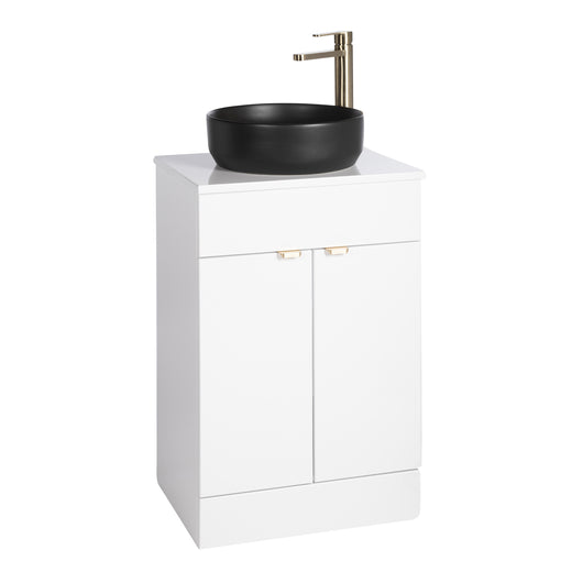  Nuie Eden 500mm Floor Standing 2-Door Countertop Vanity Unit with Matt Black Basin- Gloss White with Brushed Brass Handles - welovecouk
