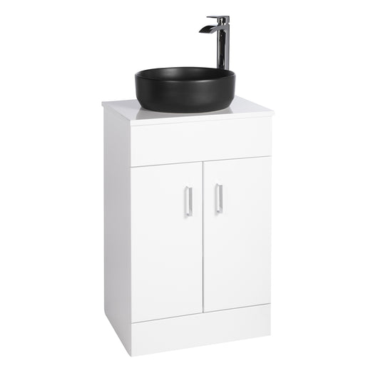  Nuie Eden 500mm Floor Standing 2-Door Countertop Vanity Unit with Matt Black Basin- Gloss White - welovecouk