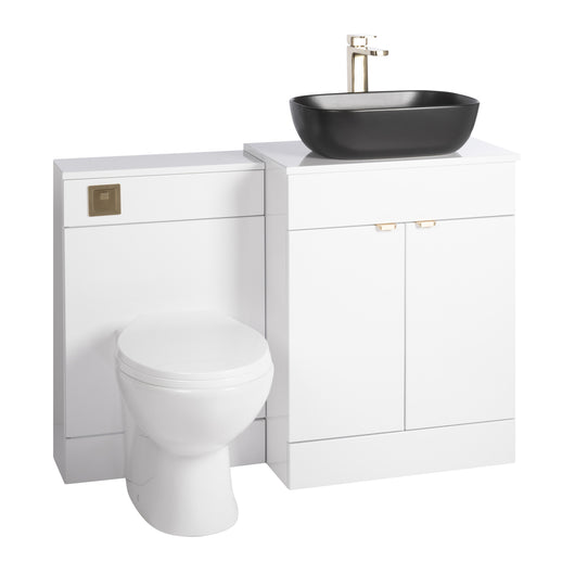  Nuie Eden 1100mm Countertop Vanity with Black Basin & WC Set - White with Brushed Brass Handles - welovecouk