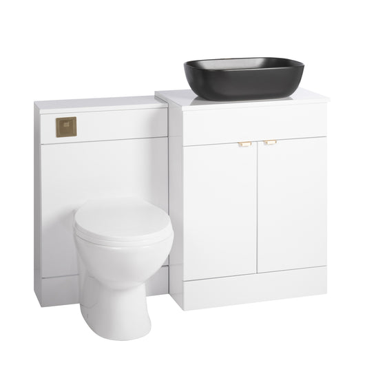 Nuie Eden 1100mm Countertop Vanity with Black Basin & WC Set - White with Brushed Brass Handles - welovecouk