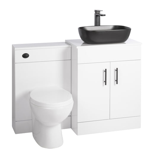  Nuie Eden 1100mm Countertop Vanity with Black Basin & WC Set - White with Black Handles - welovecouk