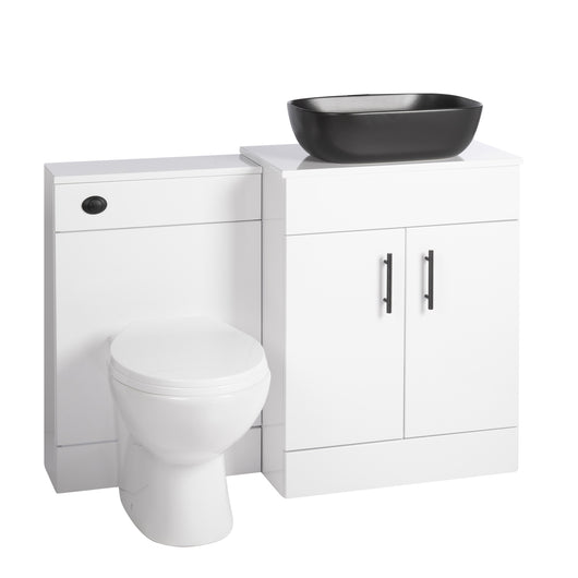  Nuie Eden 1100mm Countertop Vanity with Black Basin & WC Set - White with Black Handles - welovecouk