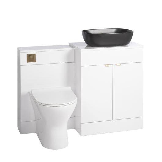  Nuie Eden 1100mm Countertop Vanity with Black Basin & WC Set - White with Brushed Brass Handles - welovecouk