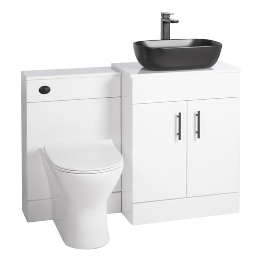  Nuie Eden 1100mm Countertop Vanity with Black Basin & WC Set - White with Black Handles - welovecouk