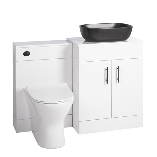  Nuie Eden 1100mm Countertop Vanity with Black Basin & WC Set - White with Black Handles - welovecouk