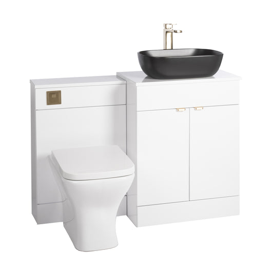  Nuie Eden 1100mm Countertop Vanity with Black Basin & WC Set - White with Brushed Brass Handles - welovecouk