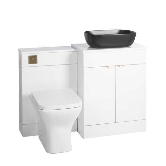  Nuie Eden 1100mm Countertop Vanity with Black Basin & WC Set - White with Brushed Brass Handles - welovecouk
