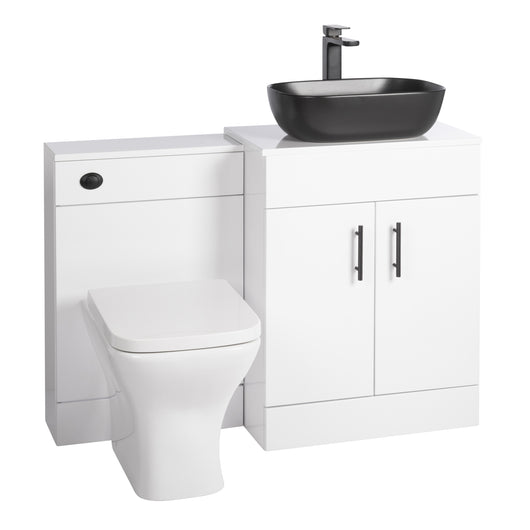  Nuie Eden 1100mm Countertop Vanity with Black Basin & WC Set - White with Black Handles - welovecouk