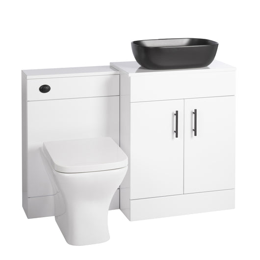  Nuie Eden 1100mm Countertop Vanity with Black Basin & WC Set - White with Black Handles - welovecouk