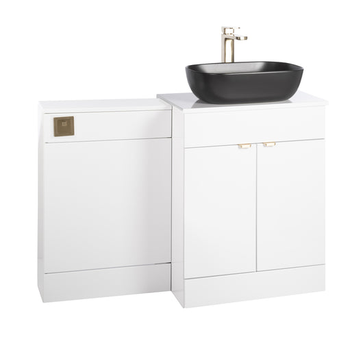  Nuie Eden 1100mm Countertop Vanity with Black Basin & WC Set - White with Brushed Brass Handles