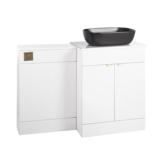  Nuie Eden 1100mm Countertop Vanity with Black Basin & WC Set - White with Brushed Brass Handles - welovecouk