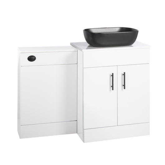  Nuie Eden 1100mm Countertop Vanity with Black Basin & WC Set - White with Black Handles - welovecouk