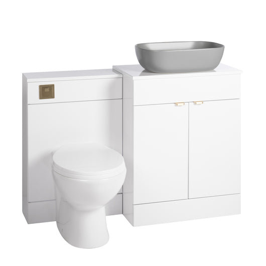  Nuie Eden 1100mm Countertop Vanity with Grey Basin & WC Set - White with Brushed Brass Handles - welovecouk