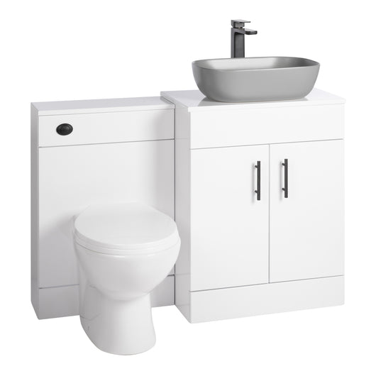  Nuie Eden 1100mm Countertop Vanity with Grey Basin & WC Set - White with Black Handles - welovecouk