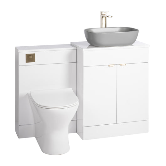  Nuie Eden 1100mm Countertop Vanity with Grey Basin & WC Set - White with Brushed Brass Handles - welovecouk