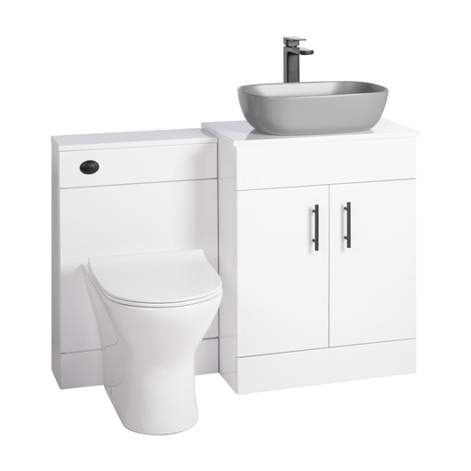  Nuie Eden 1100mm Countertop Vanity with Grey Basin & WC Set - White with Black Handles - welovecouk