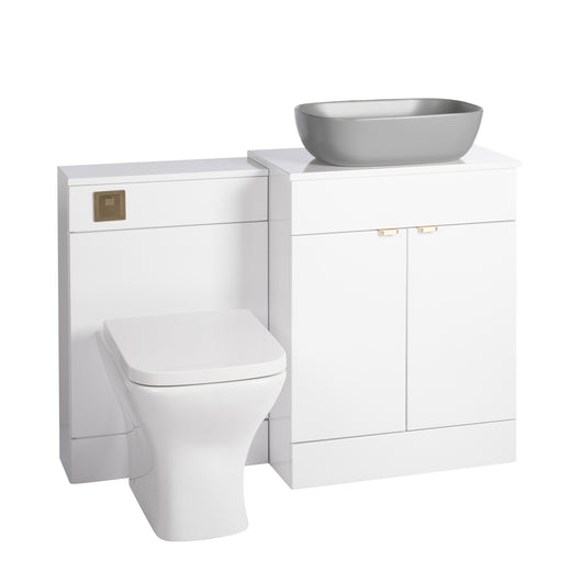  Nuie Eden 1100mm Countertop Vanity with Grey Basin & WC Set - White with Brushed Brass Handles - welovecouk