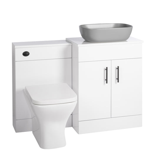  Nuie Eden 1100mm Countertop Vanity with Grey Basin & WC Set - White with Black Handles - welovecouk