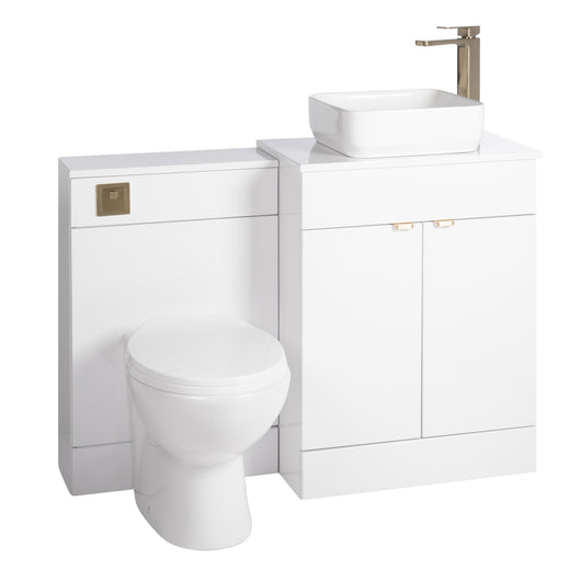  Nuie Eden 1100mm Countertop Vanity with White Basin & WC Set - White with Brushed Brass Handles - welovecouk