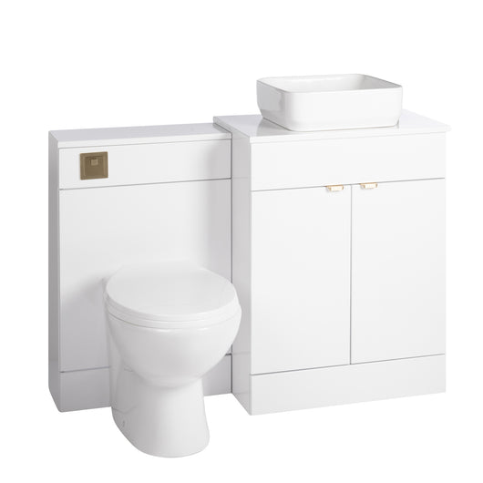 Nuie Eden 1100mm Countertop Vanity with White Basin & WC Set - White with Brushed Brass Handles - welovecouk