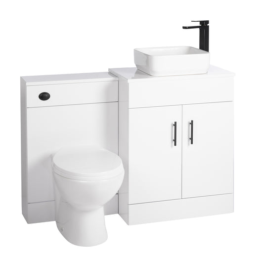  Nuie Eden 1100mm Countertop Vanity with White Basin & WC Set - White with Black Handles - welovecouk