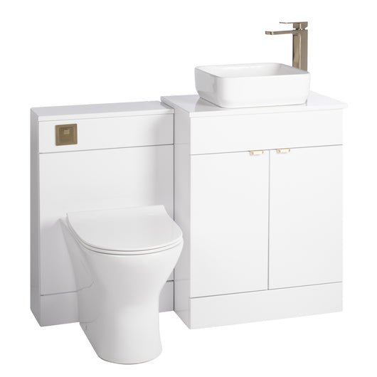  Nuie Eden 1100mm Countertop Vanity with White Basin & WC Set - White with Brushed Brass Handles - welovecouk