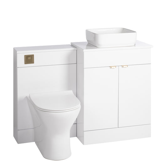  Nuie Eden 1100mm Countertop Vanity with White Basin & WC Set - White with Brushed Brass Handles - welovecouk