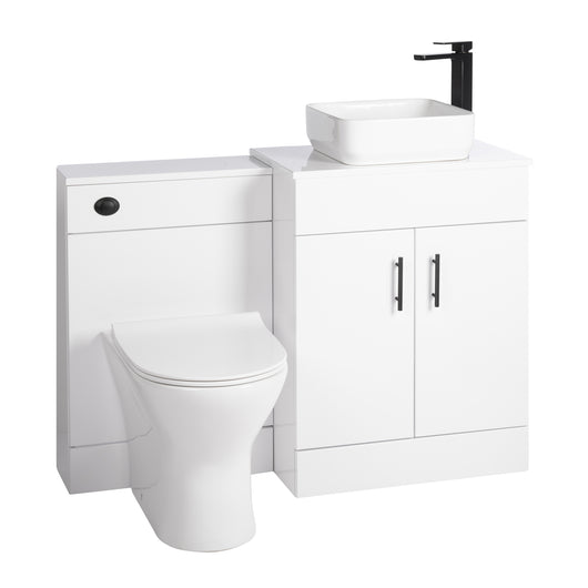  Nuie Eden 1100mm Countertop Vanity with White Basin & WC Set - White with Black Handles - welovecouk