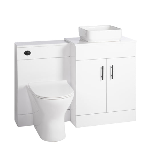  Nuie Eden 1100mm Countertop Vanity with White Basin & WC Set - White with Black Handles - welovecouk