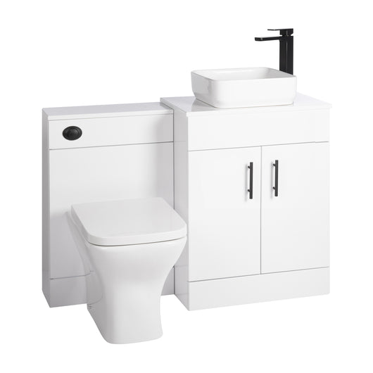  Nuie Eden 1100mm Countertop Vanity with White Basin & WC Set - White with Black Handles - welovecouk