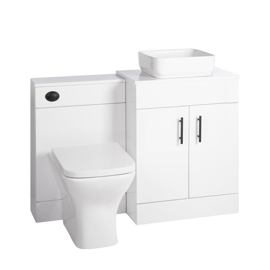  Nuie Eden 1100mm Countertop Vanity with White Basin & WC Set - White with Black Handles - welovecouk