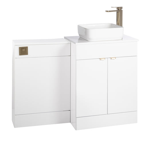  Nuie Eden 1100mm Countertop Vanity with White Basin & WC Set - White with Brushed Brass Handles