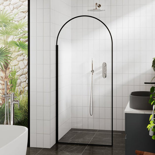  1400 x 800mm Stone Shower Tray & 8mm Screen Pack - Black Arched Frame