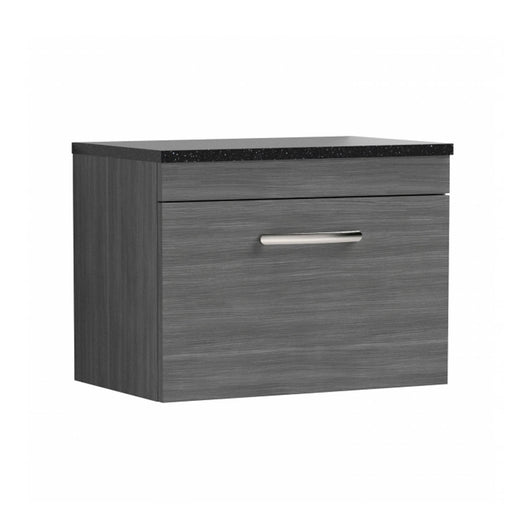 Nuie Athena 600mm Wall Hung Vanity With Sparkling Black Worktop - Anthracite Woodgrain - ATH039LSB